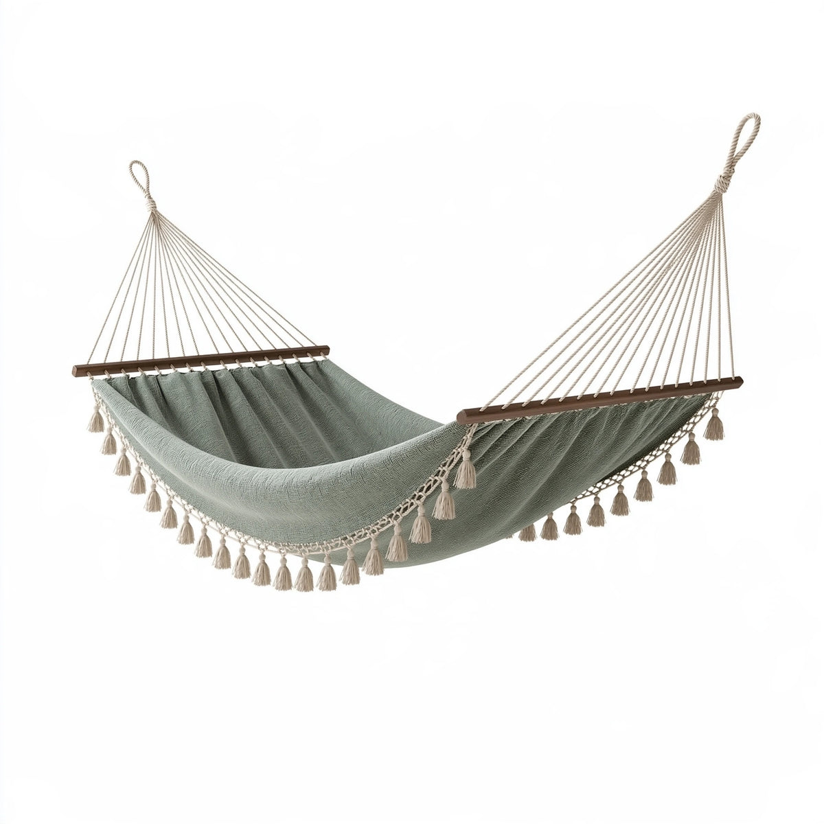 Amaca 300 x 100 cm in cotone verde con barre in legno - sospesa con frange