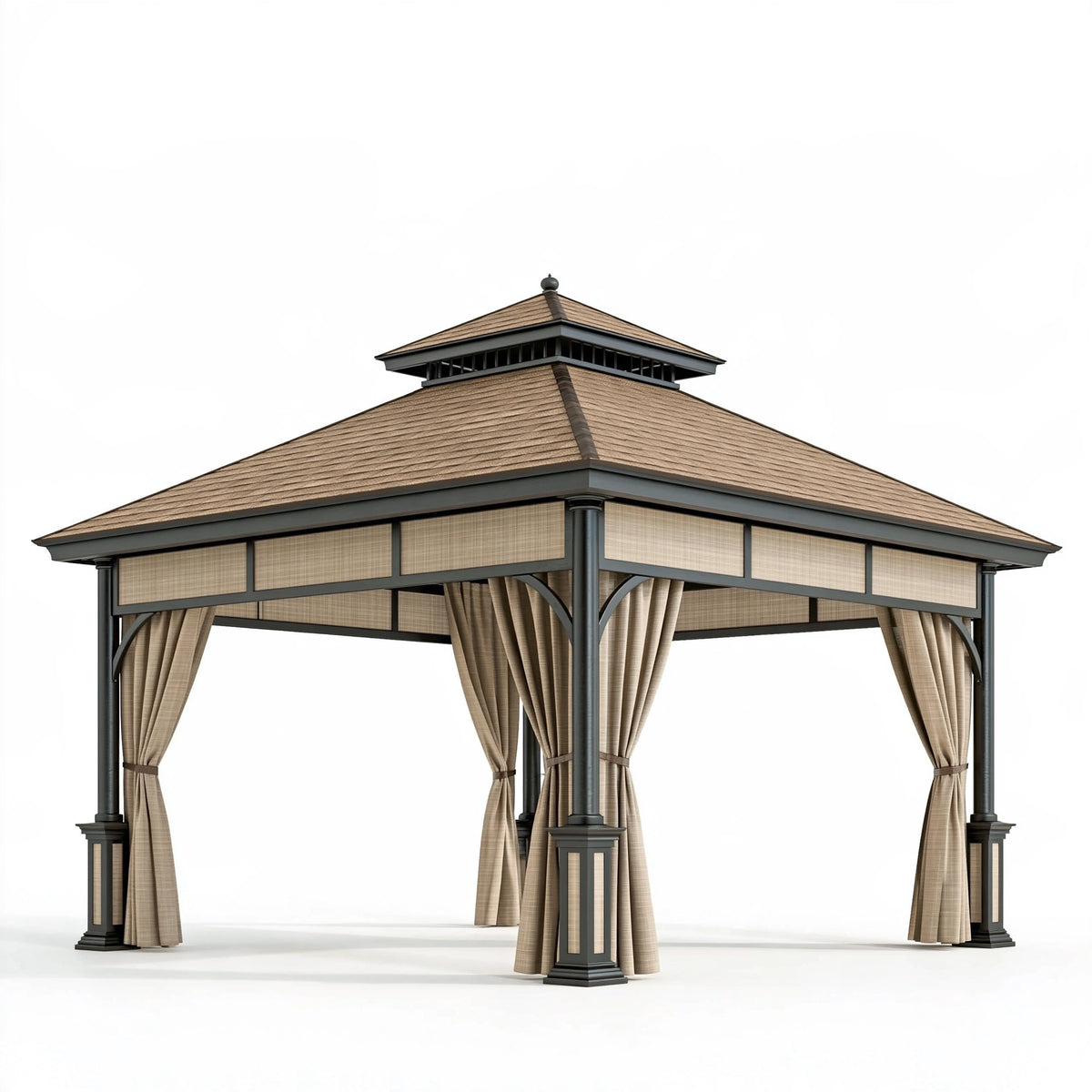 Gazebo da giardino 300 x 300 x 300 cm - struttura in metallo marrone e nero con tende stile classico