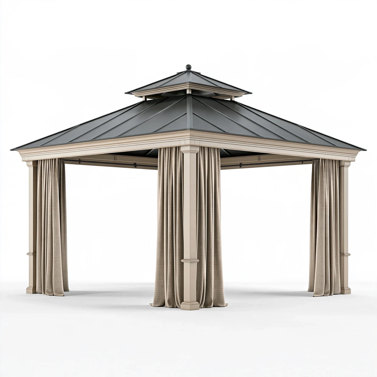 Gazebo da giardino 400 x 400 x 320 cm in metallo grigio e beige con tende stile classico