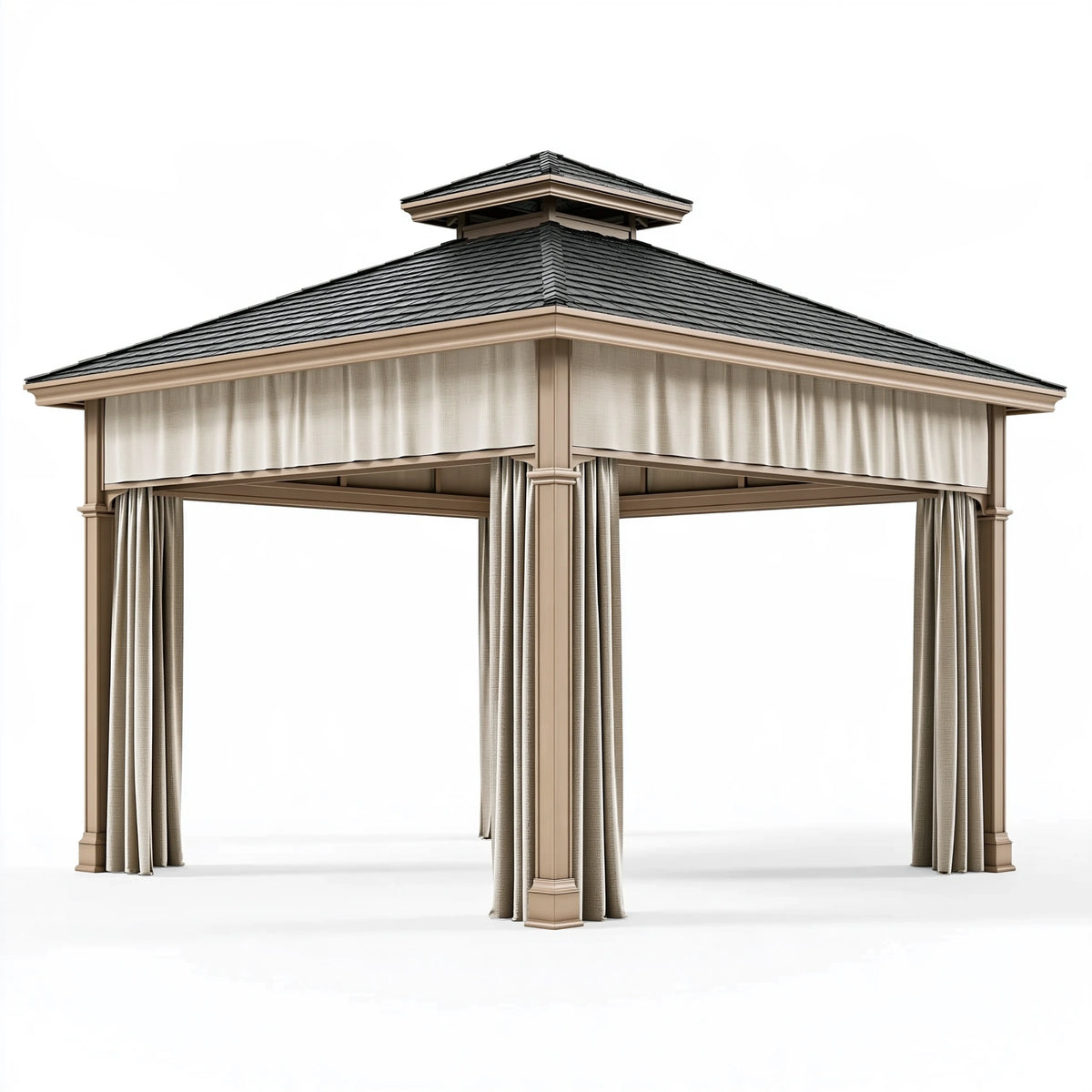 Gazebo da giardino 300 x 300 x 300 cm in metallo beige con tende stile classico