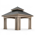 Gazebo da giardino 400 x 400 cm in legno beige con tetto in metallo e tende