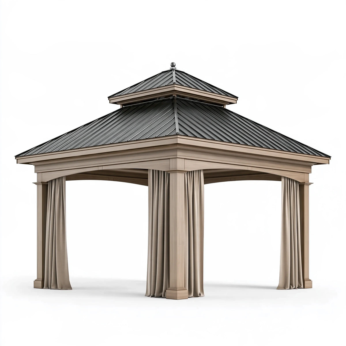 Gazebo da giardino 400 x 400 cm in legno beige con tetto in metallo e tende