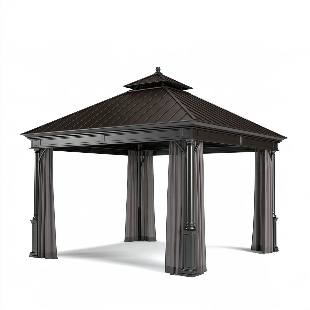 Gazebo da giardino 300 x 300 x 300 cm in metallo nero con tende stile classico