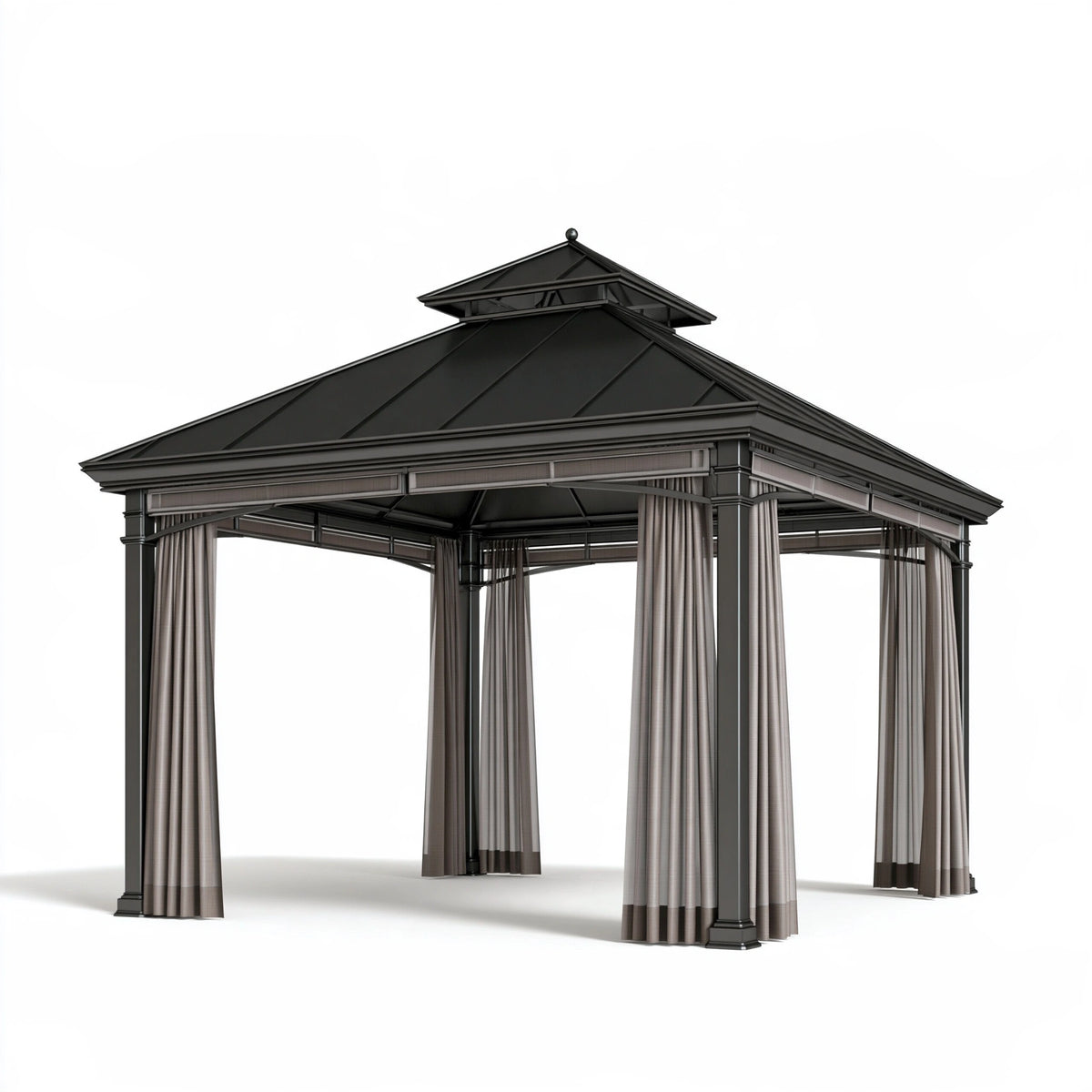 Gazebo da giardino 300 x 300 x 300 cm in metallo nero con tende grigie stile classico