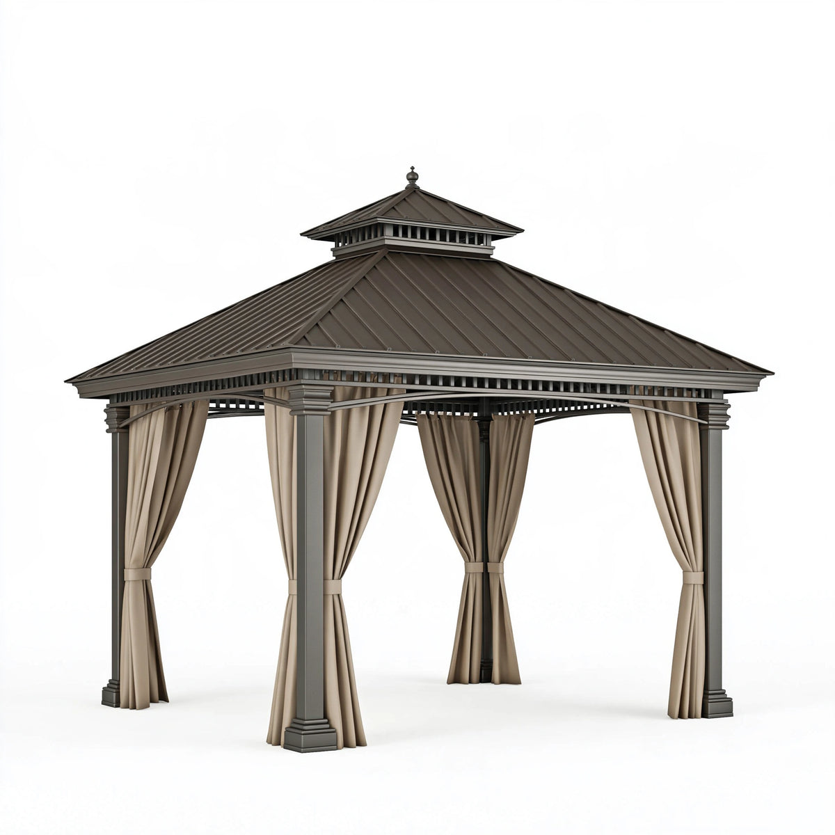 Gazebo da giardino 300 x 300 x 300 cm in metallo marrone con tende stile classico