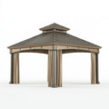 Gazebo da giardino 400 x 400 x 320 cm in metallo grigio beige con tende e tetto a padiglione