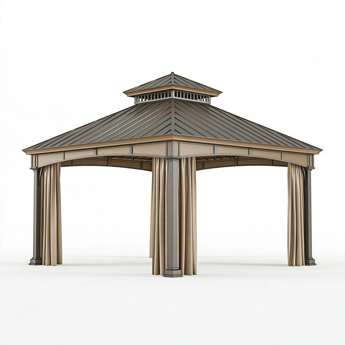 Gazebo da giardino 400 x 400 x 320 cm in metallo grigio beige con tende e tetto a padiglione
