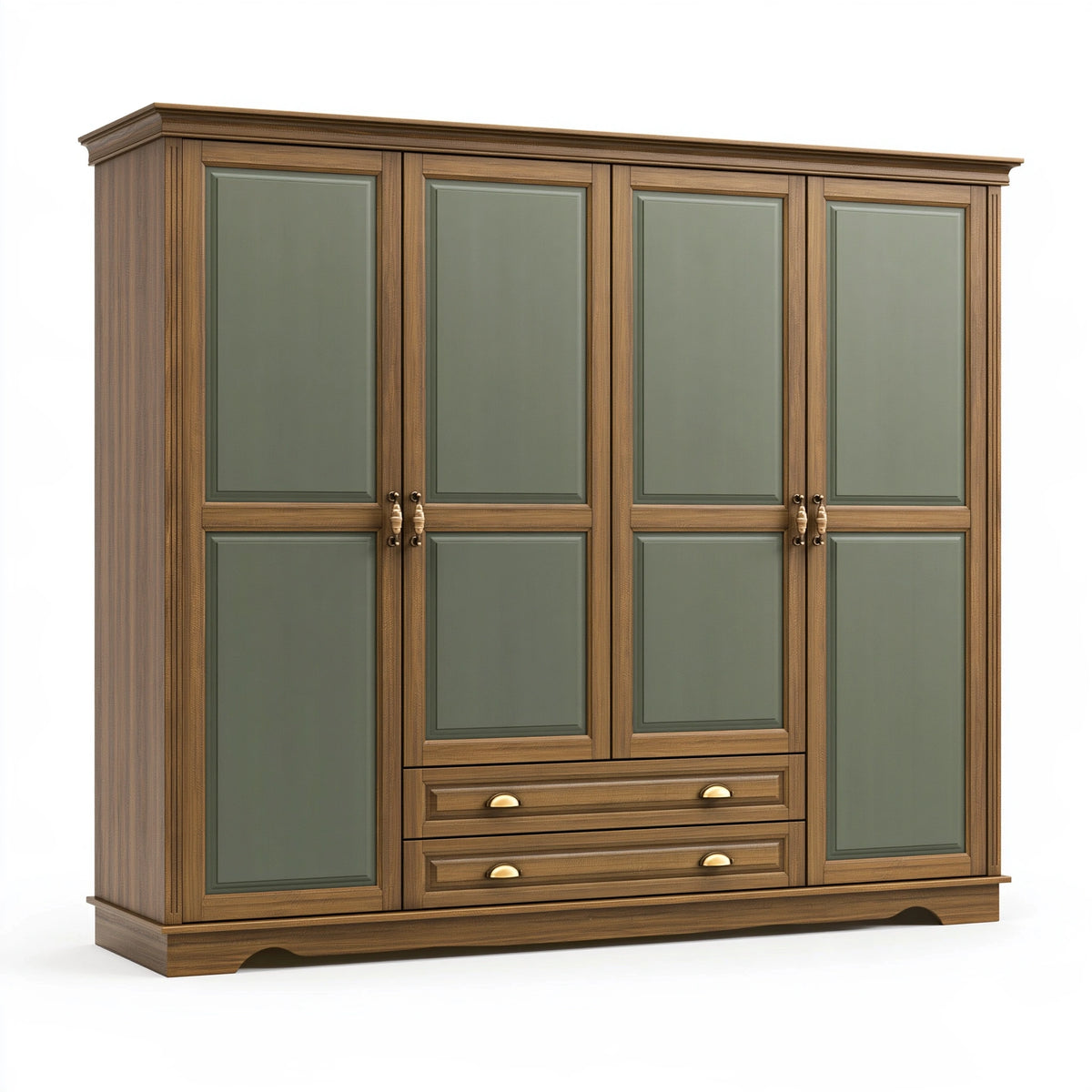 Armadio 200 x 60 x 220 cm in legno marrone e verde salvia - 4 ante 2 cassetti stile classico