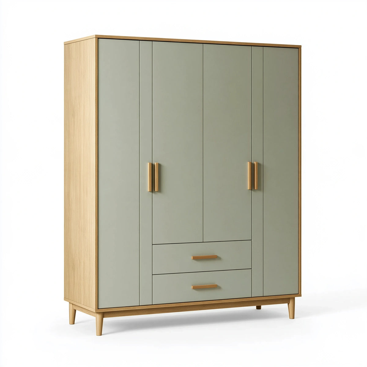 Armadio 160 x 55 x 200 cm in legno verde salvia e rovere naturale - 4 ante 2 cassetti stile nordico
