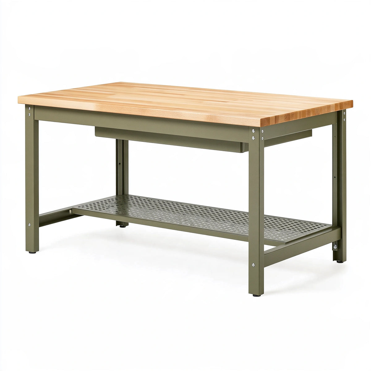 Banco da lavoro 120x60x90 cm in legno e metallo verde con ripiano inferiore
