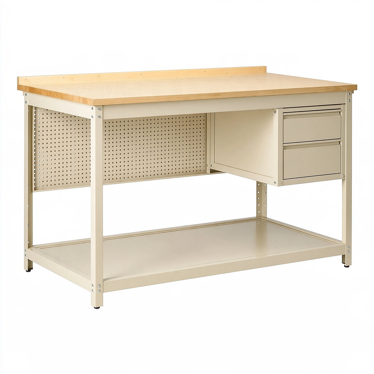Banco da lavoro 120x60x90 cm in acciaio beige e legno con cassetti stile industriale