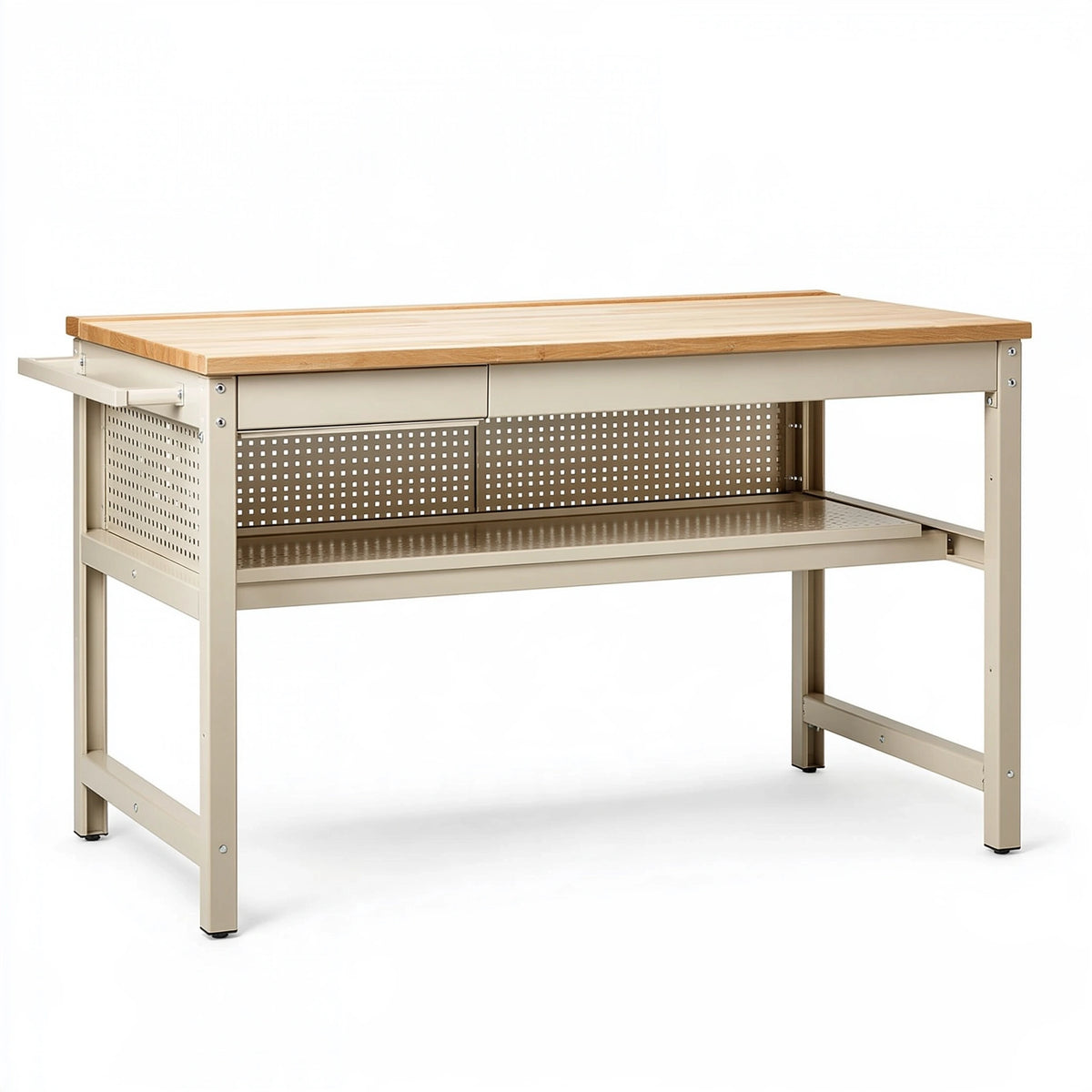 Banco da lavoro 120 x 60 x 90 cm in acciaio e legno beige naturale con cassetto e ripiano