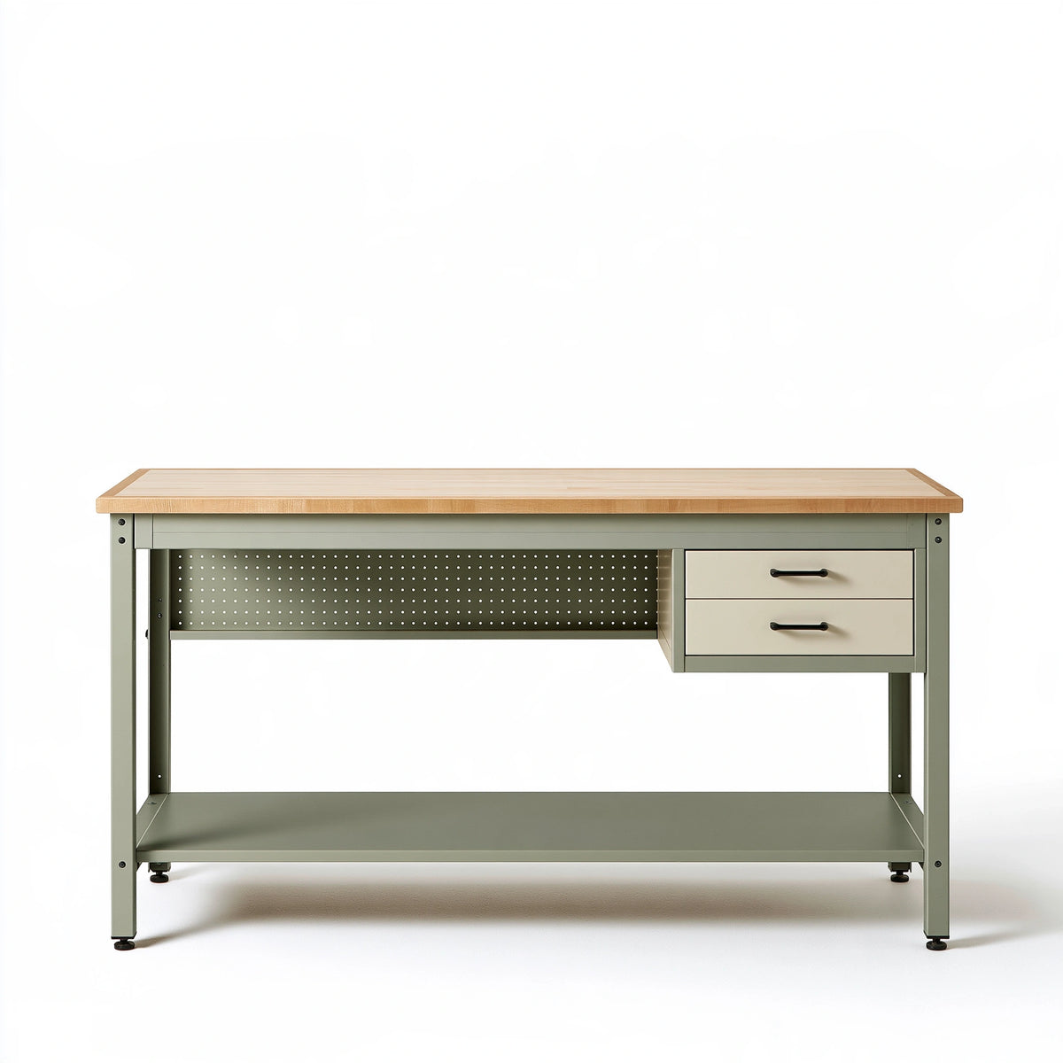 Banco da lavoro 160 x 60 x 90 cm in metallo e legno verde salvia con cassetti e pannello portautensili