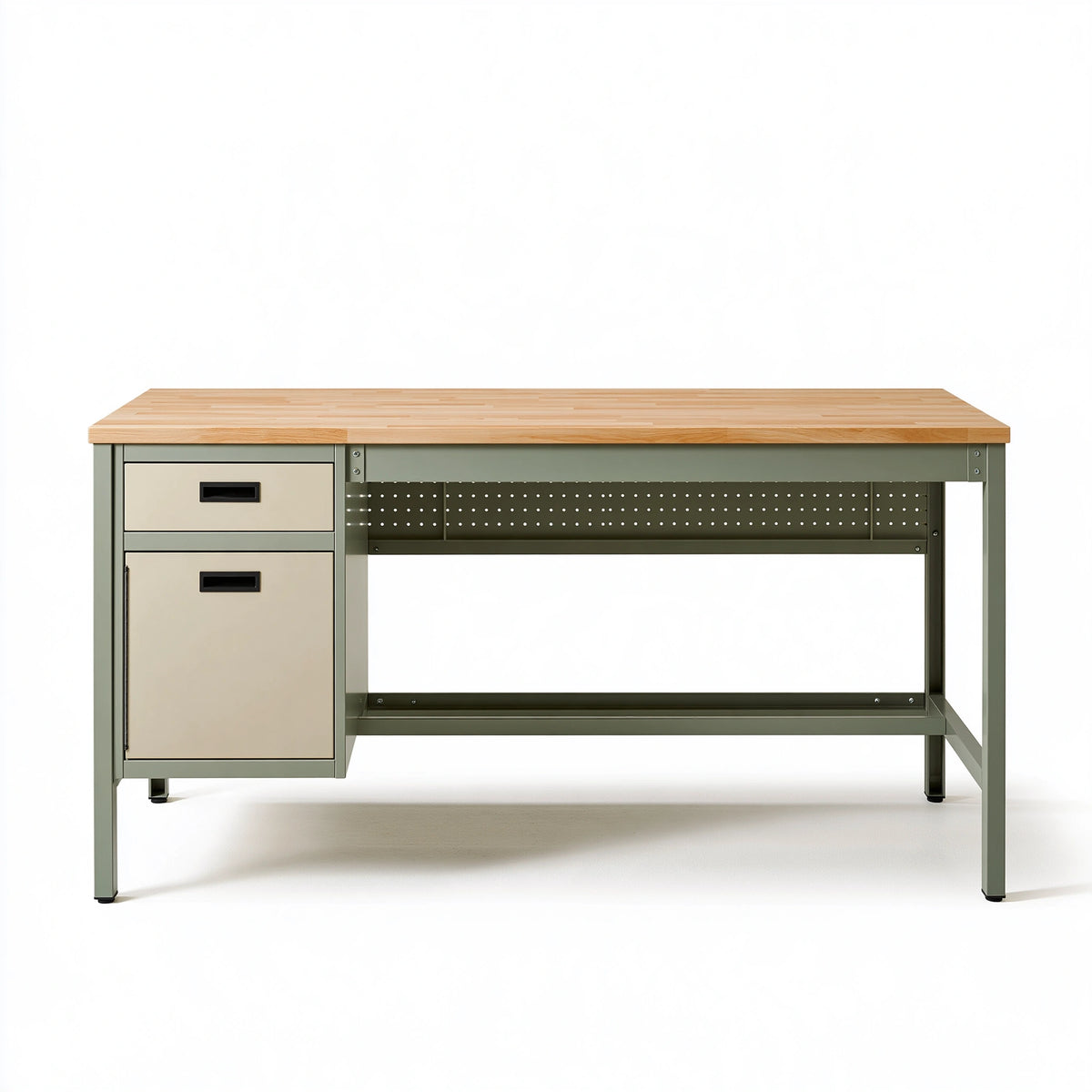 Banco da lavoro 160 x 70 x 90 cm in legno e metallo verde con cassetto e armadietto