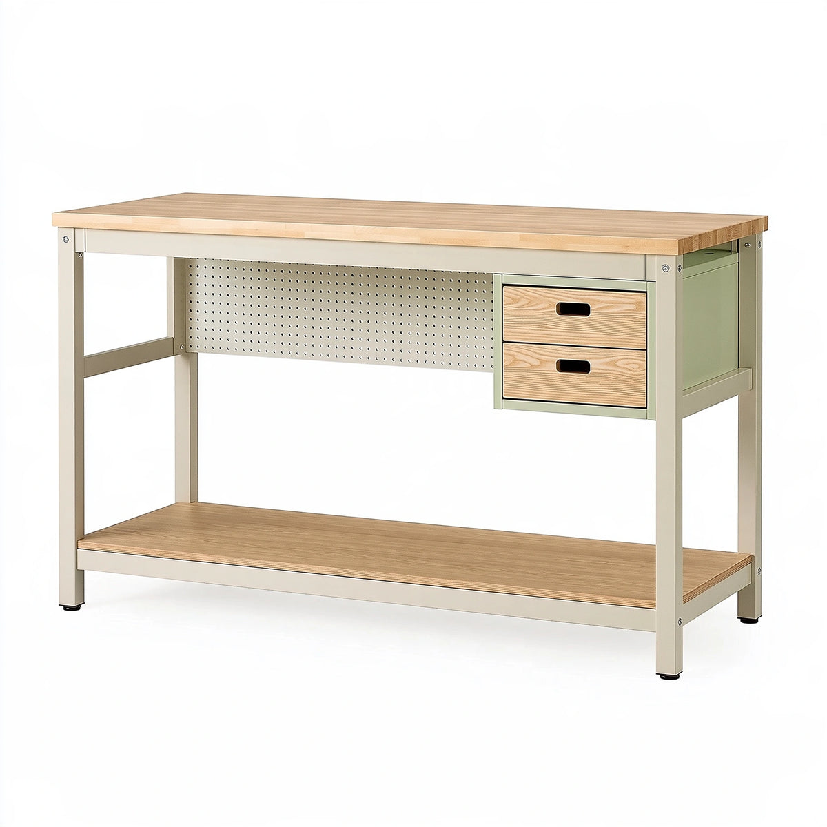 Banco da lavoro 150 x 75 x 90 cm in legno e metallo beige naturale con cassetti e ripiano