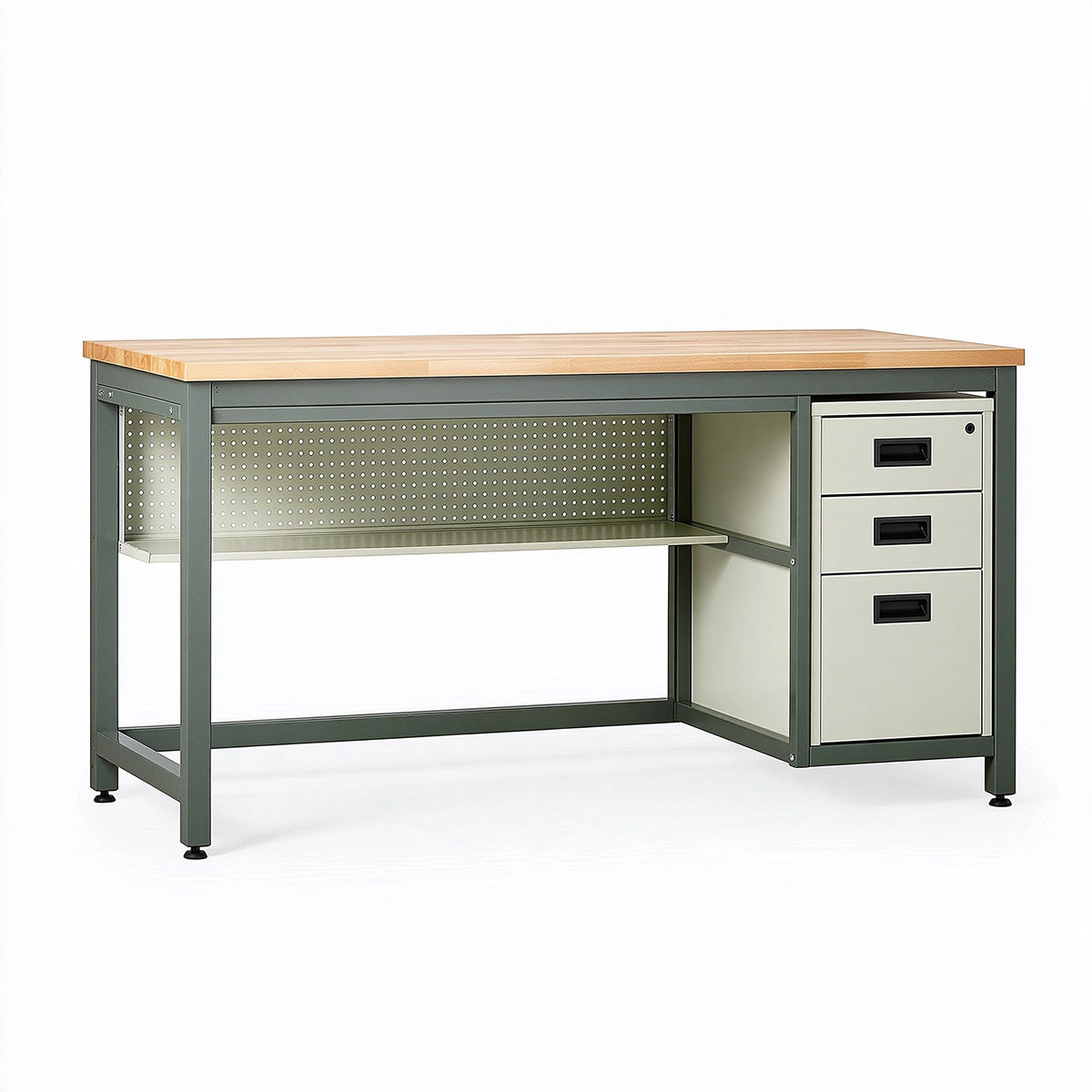 Banco da lavoro 120 x 60 x 90 cm in metallo e legno verde con tre cassetti stile industriale