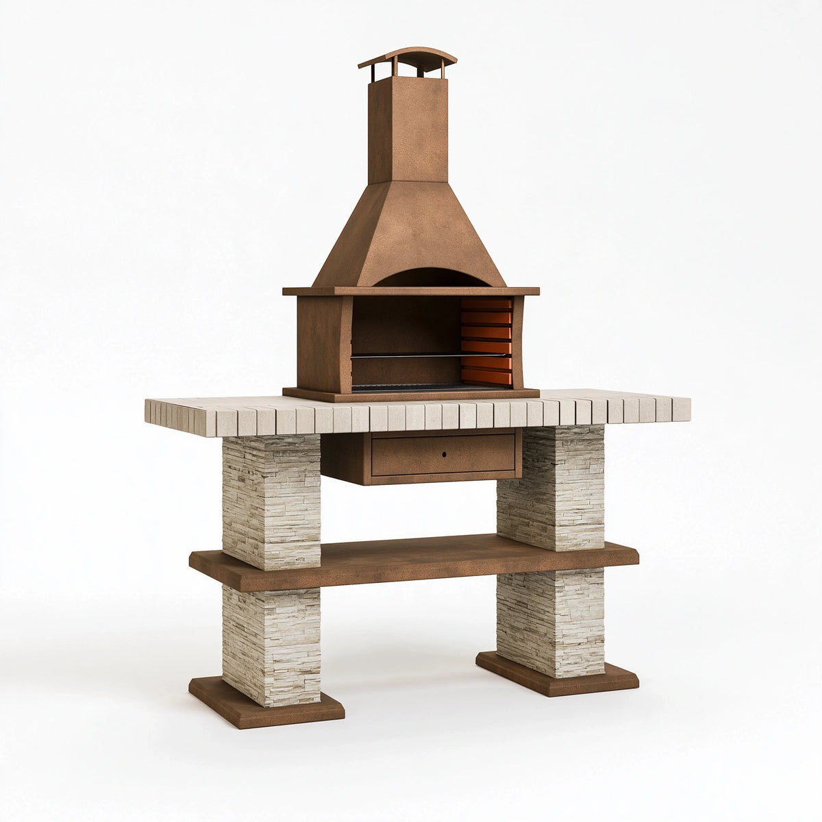 Barbecue da giardino 140x70x230 cm in metallo e pietra marrone/beige con camino stile rustico