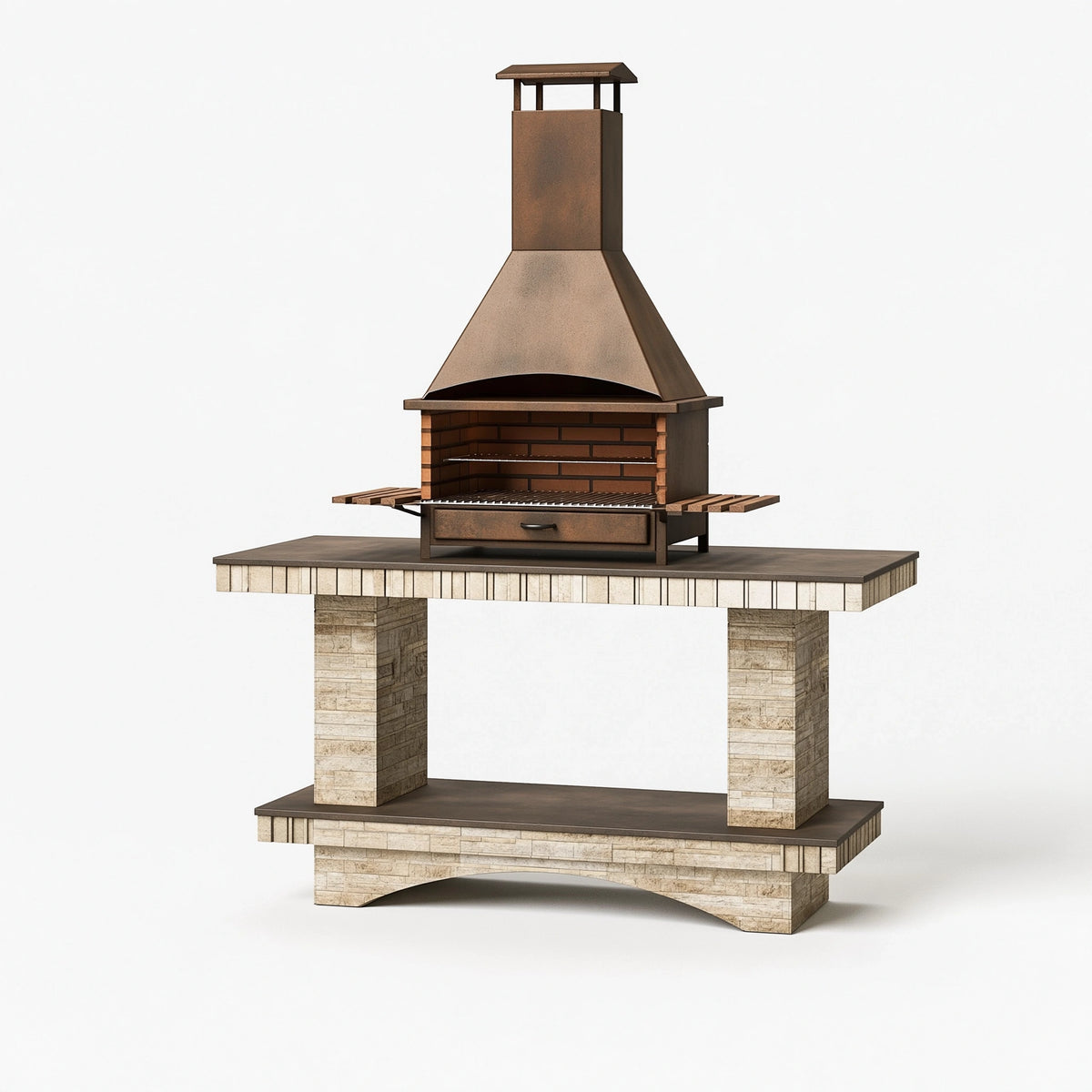 Barbecue da giardino 160 x 70 x 230 cm in metallo e pietra marrone beige con cappa e griglia