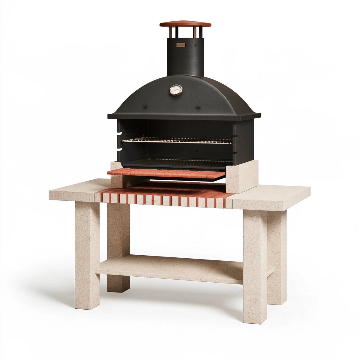 Barbecue da giardino 150 x 70 x 210 cm in acciaio e muratura nero terracotta con cappa e griglia