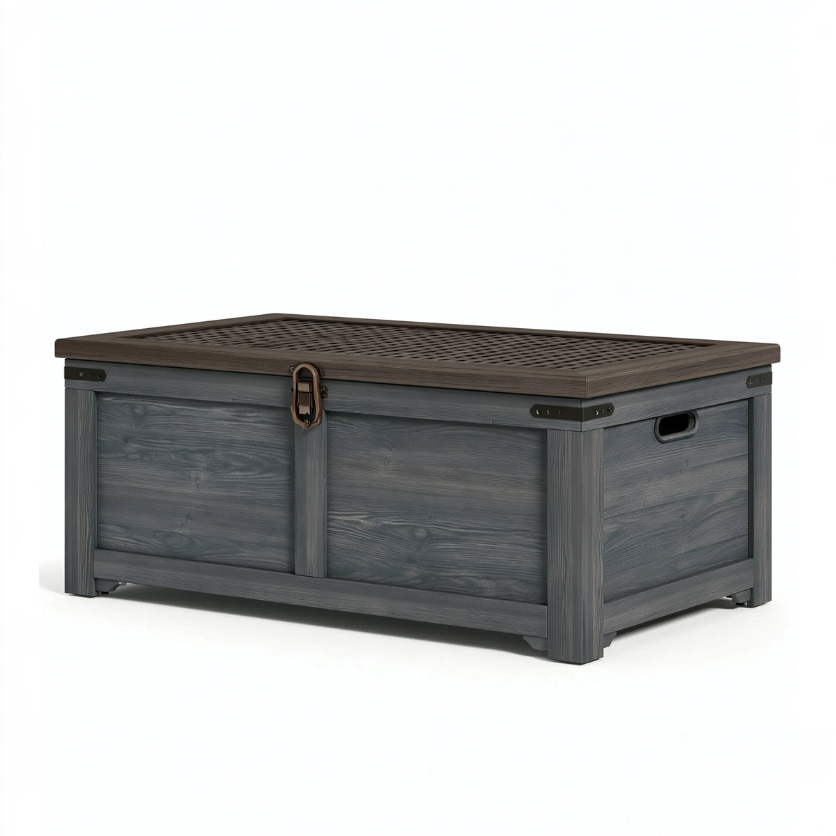 Baule contenitore da esterno 120 x 60 x 65 cm in resina grigio antracite effetto legno con coperchio intrecciato