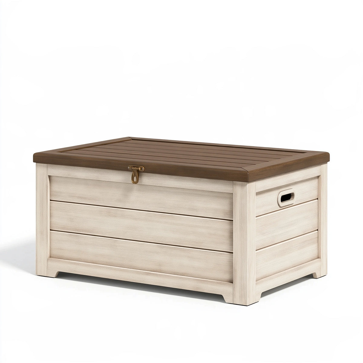 Cassapanca da esterno 120 x 60 x 60 cm in resina beige e marrone effetto legno con coperchio