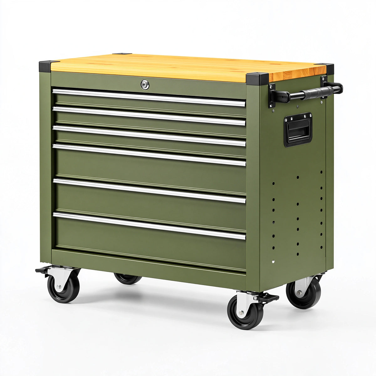 Carrello portautensili 85 x 46 x 95 cm in acciaio verde con piano in legno e 5 cassetti