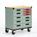 Cassettiera portautensili 100 x 50 x 95 cm in metallo verde salvia con piano in legno e ruote