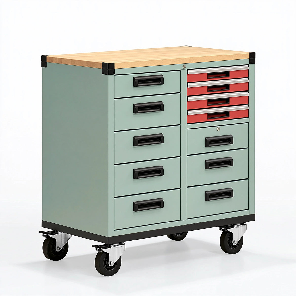 Cassettiera portautensili 100 x 50 x 95 cm in metallo verde salvia con piano in legno e ruote