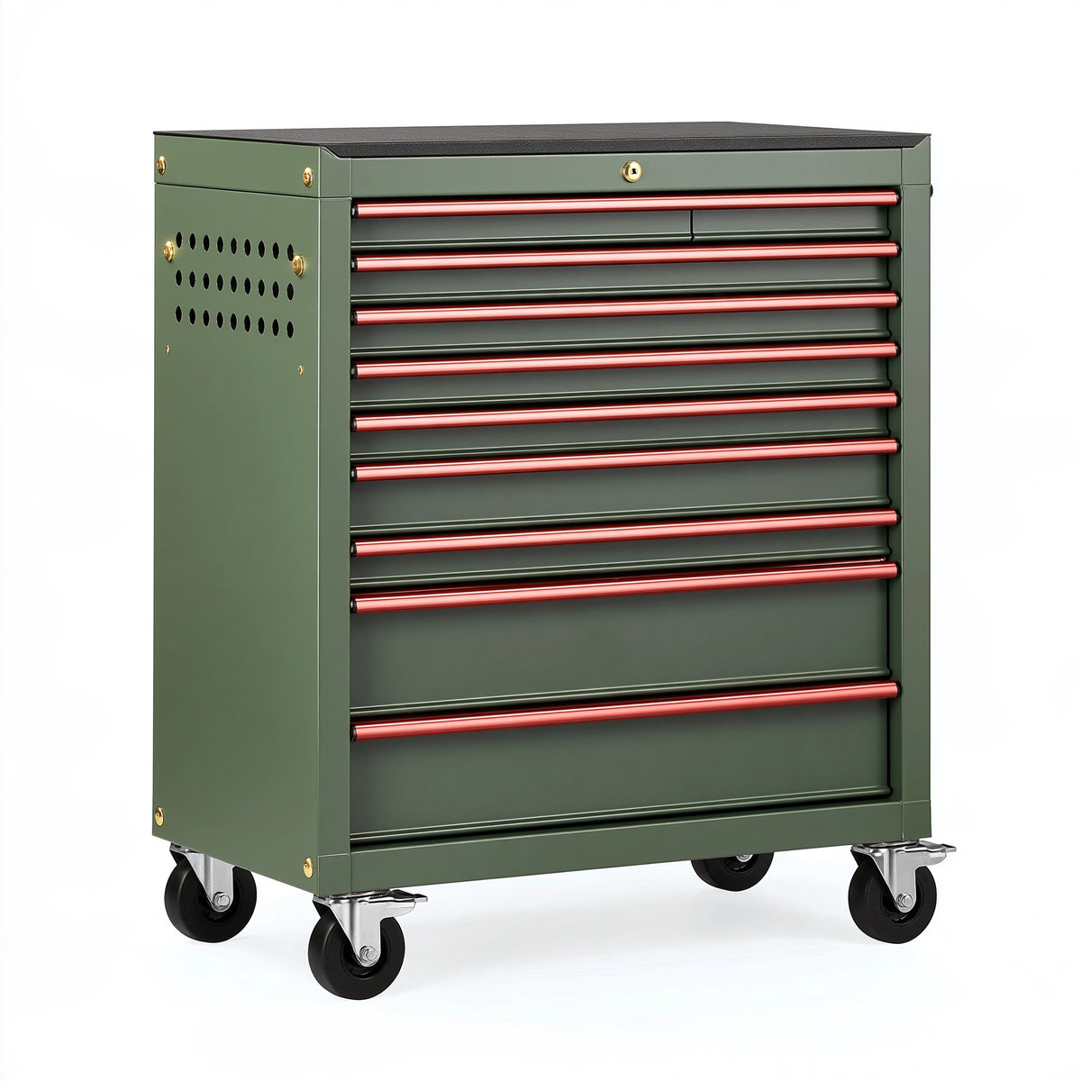 Carrello portautensili 80 x 46 x 100 cm in acciaio verde oliva con 9 cassetti e ruote