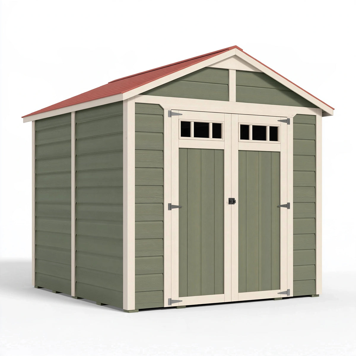 Casetta da giardino 244 x 183 x 238 cm in legno verde salvia con doppia porta e finestre